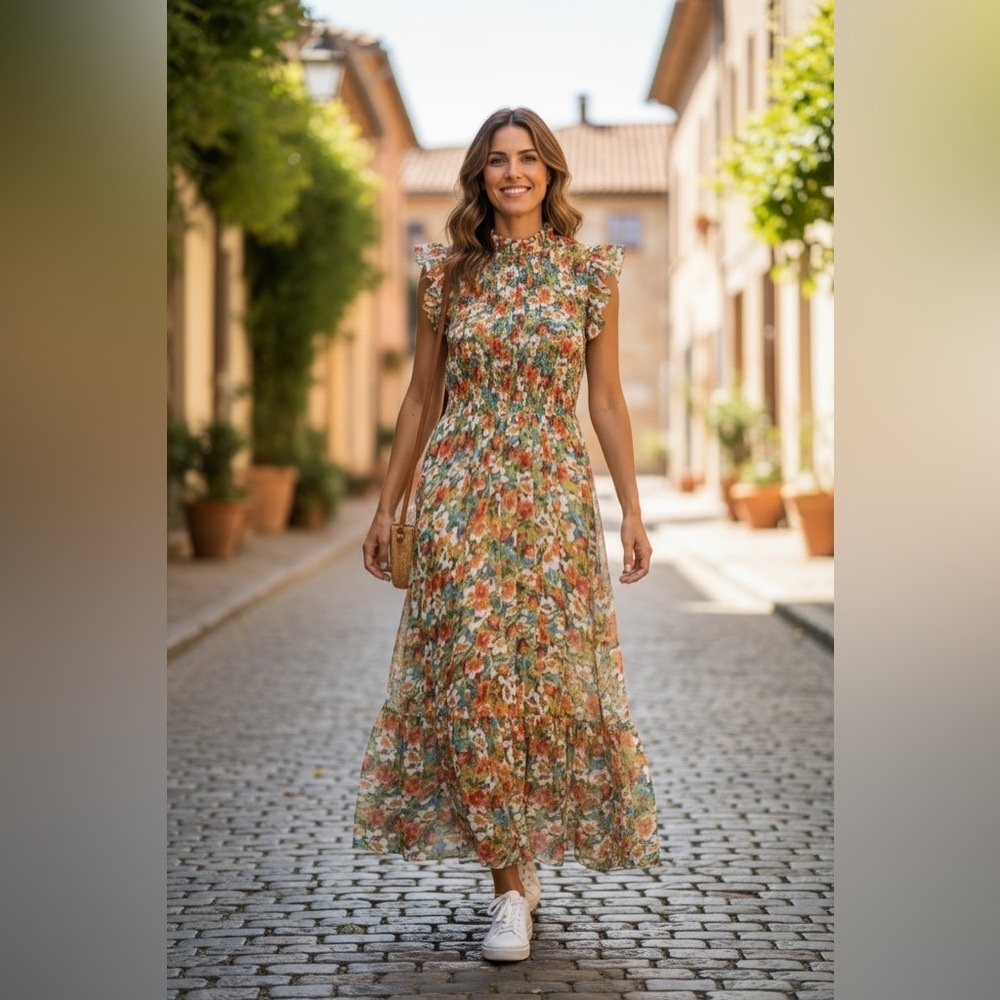 Code X Mode Women’s Size S Floral Maxi Dress Boho Stretchy Waist Flutter Sleeves